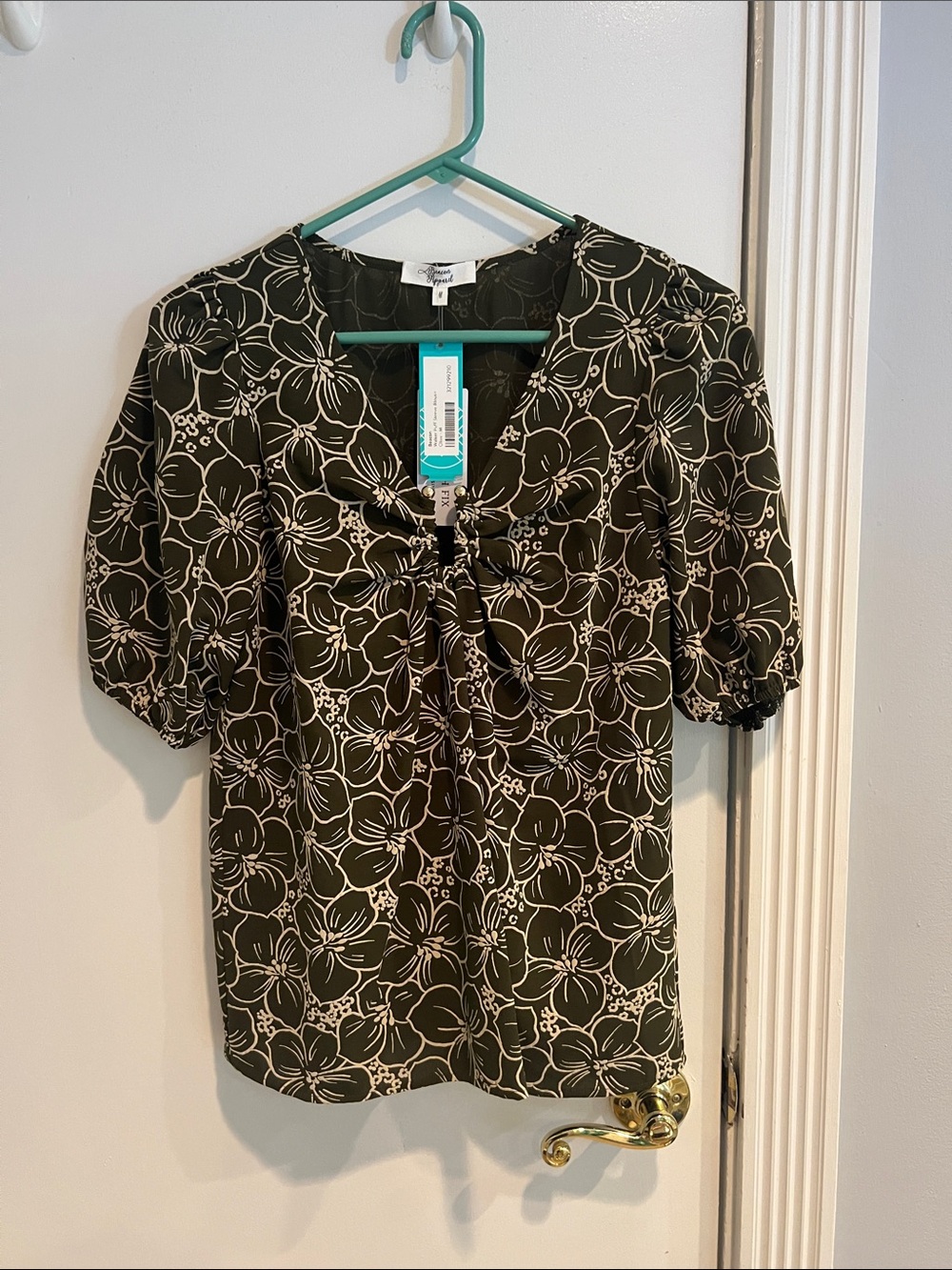 Women’s Floral Tie-Front Blouse - olive green and tan